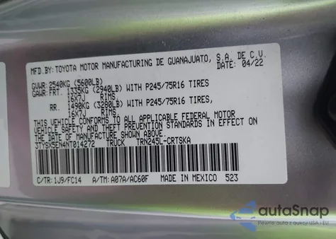 2022 Toyota Tacoma Sr5 from USA, damaged, VIN 3TYSX5EN4NT014272